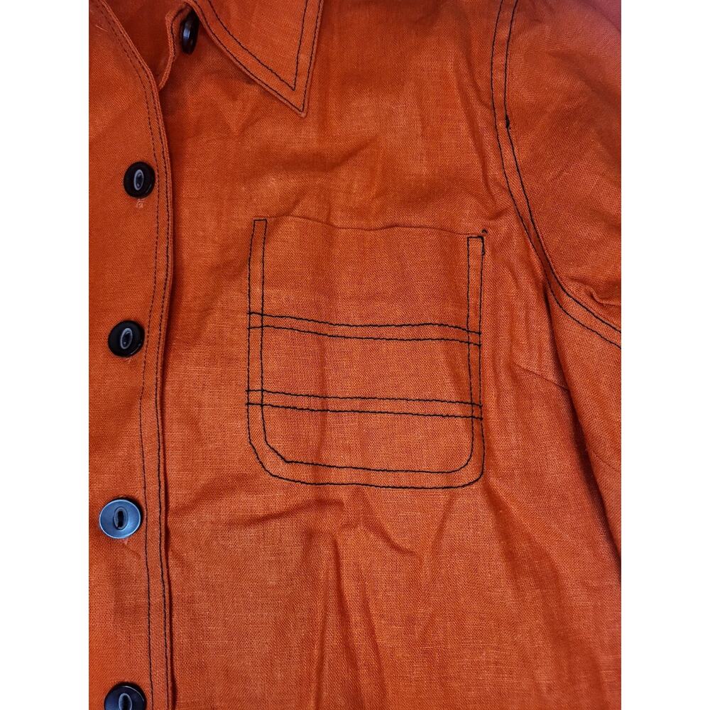 Selene Sport Linen Blend Button Up Orange Top Womens M Contrast Stitch| Relaxed - Picture 5 of 11